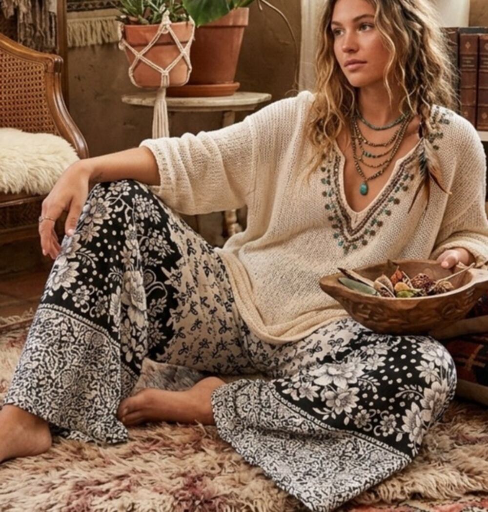 Unique Hippie/Boho/Bollywood Style Wide Leg Pants with Paisley and Floral Design